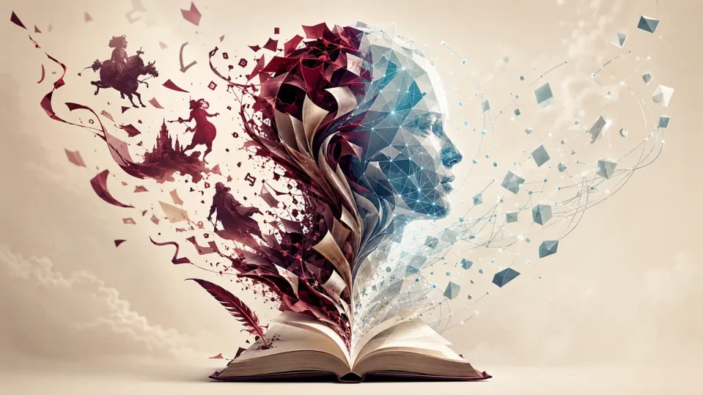 Figura humana formada por personajes literarios y una red de inteligencia artificial que surge de un libro abierto. La inteligencia artificial en la literatura