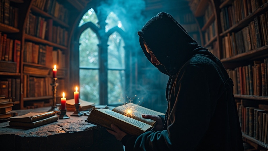hombre misterioso en una biblioteca revisando los mejores autores de fantasía oscura.