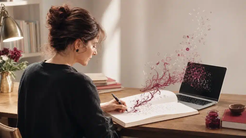 ia para escritores. Mujer escribiendo mientras un hilo de información se conecta al ordenador