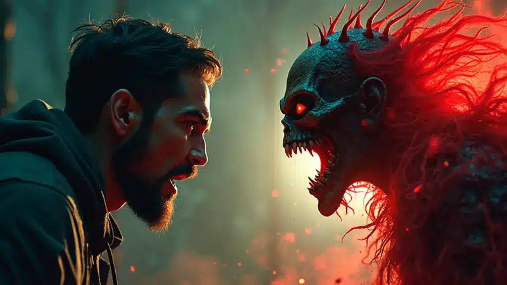 un hombre enfrentando a sus demonios emocionales