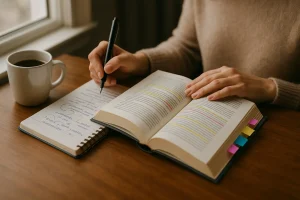 Mujer escribiendo una reseñas de libros mientras subraya un libro con café al lado