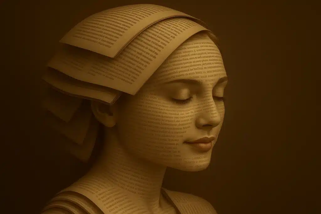 Retrato artístico en tono sepia de una mujer con el rostro cubierto de texto, símbolo del arte de leer con el alma – ensayo literario de Mariela Cerviño